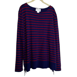 Sport Savvy Womens Knit Top Large Blue Red Striped Long Sleeve Shoelace Accents